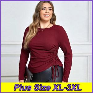 여성용 플러스 사이즈 티셔츠 가을, 겨울 새로운 슬림 피트 티셔츠 XL-3XL Drawstring 섹시한 긴팔 탑 솔리드 컬러 의류
