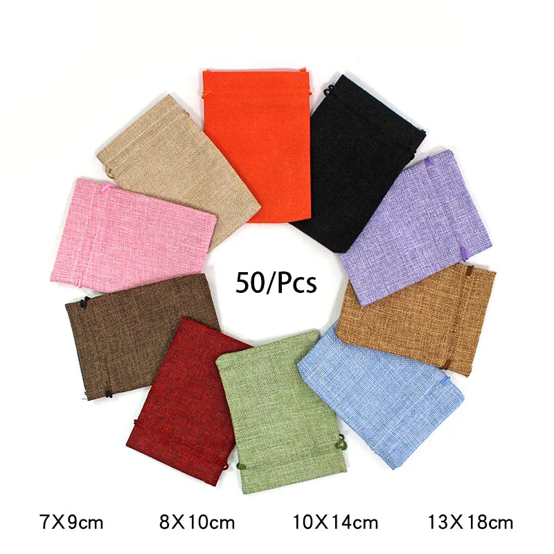 50 개/몫 Drawstring 자연 삼 베 가방 황마 선물 가방 캔디 가방과 멀티 크기 보석 포장 웨딩 가방 사용자 정의 로고 수 있습니다