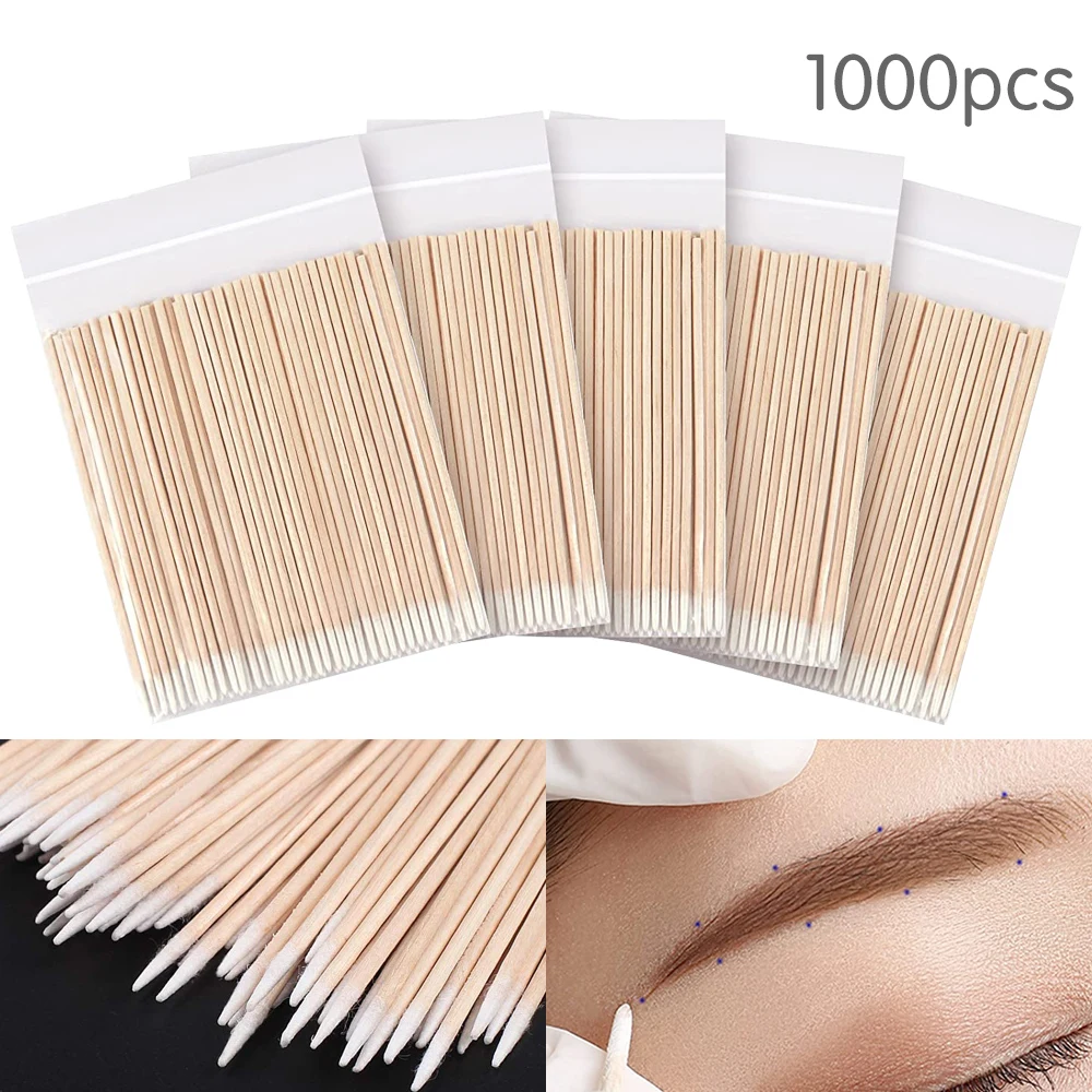 500/1000pcs 나무 면봉 마이크로 브러시 속눈썹 스틱 청소 면봉 손톱 귀 이쑤시개 화장품 눈 속눈썹 접착제 제거 도구