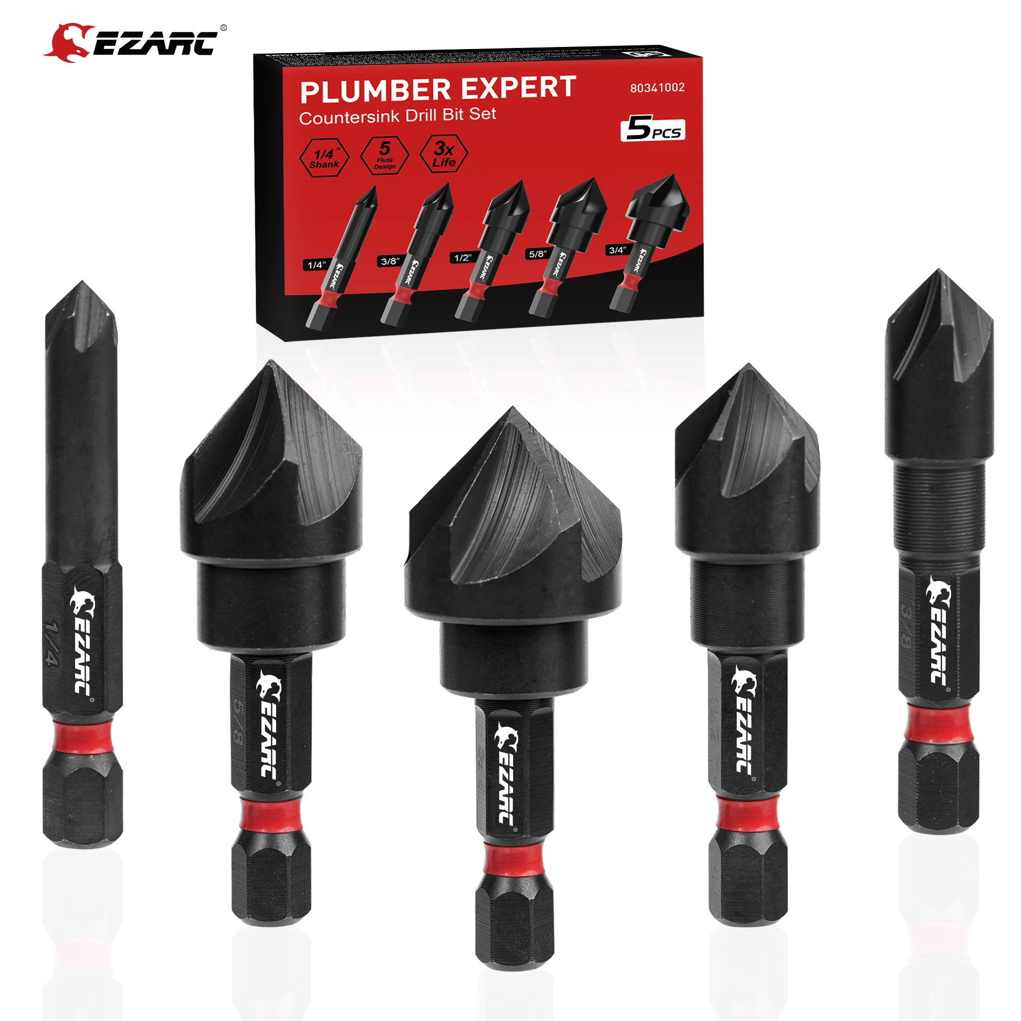 EZARC 5PCS 금속용 카운터싱크 드릴 비트 세트, 1/4인치 육각 섕크 카운터싱크 비트 82도 5 플루트, 1/4