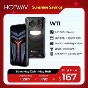 [월드 프리미어] HOTWAV W11 견고한 휴대폰 20800mAh 280LM 손전등 6.6인치 FHD+ 스마트폰 33W 24MP 나이트 비전 휴대폰