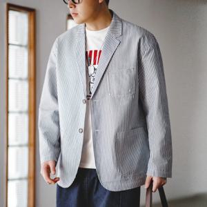 Maden 새로운 빈티지 캐주얼 시어서커 ​​스트라이프 정장 재킷 Cityboy 플랫 옷깃 남성용 봄, 가을을위한 느슨한 아웃웨어