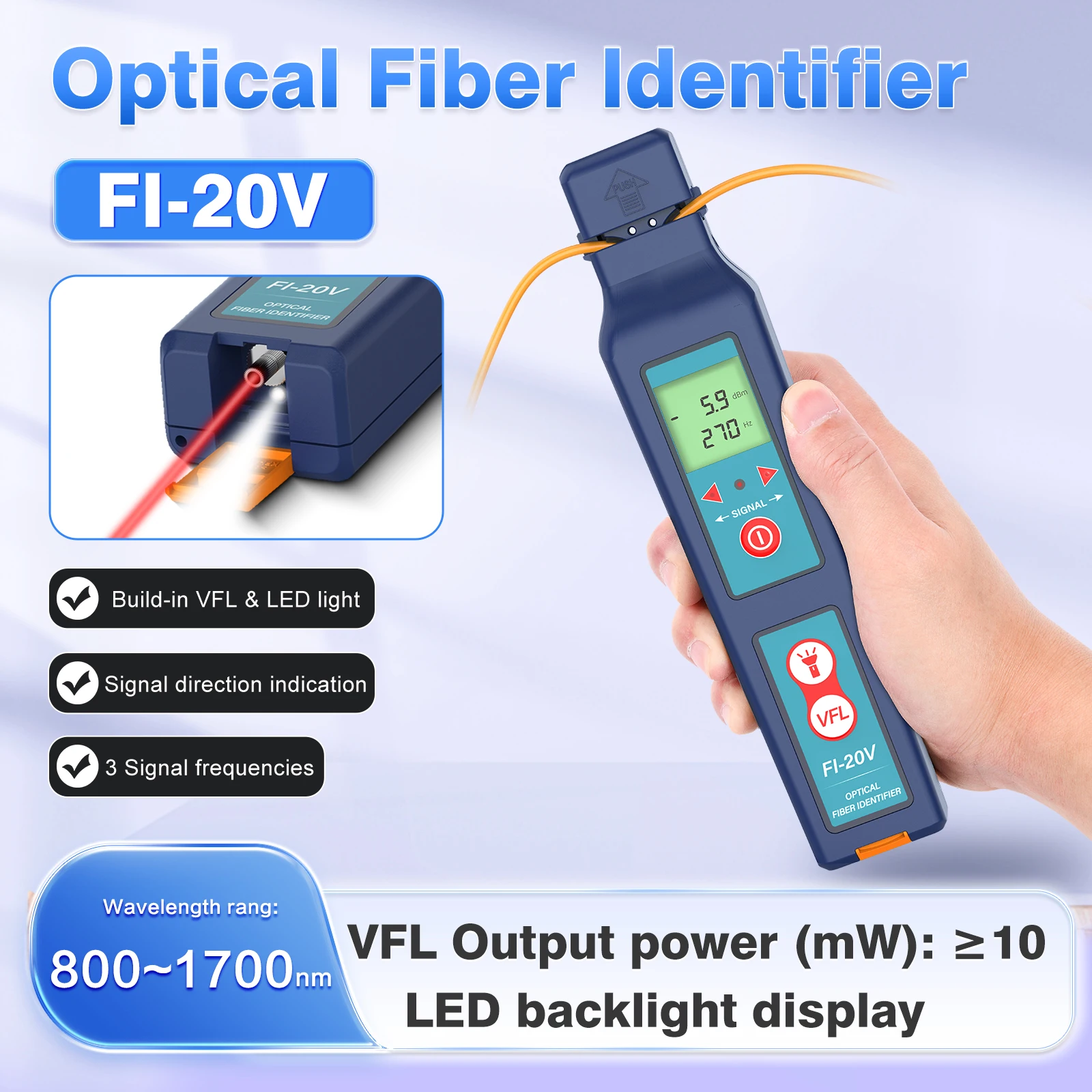 광섬유 식별자 FI-20V는 OFI-40V와 같습니다. 800~1700nm 파장 신호 방향 표시 VFL 5-8km LED 조명 감지