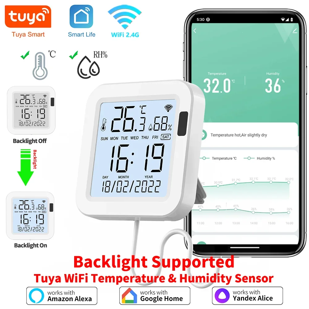 스마트 홈용 백라이트가 있는 Tuya 온도 및 습도 스마트 센서 var WiFi SmartLife Alexa Google Assistant와 함께 작동