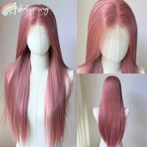 로즈 핑크 레이스 프론트 가발, 긴 스트레이트 천연 실키 합성 레이스 프론트 가발, 코스프레 로리타 데일리 사용, 13x4, 24 인치