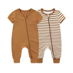 Kiddiezoom 2 개/몫 unisex 단색 짧은 소매 지퍼 아기 소년 소녀 romper 코튼 부드러운 신생아 점프 슈트 의류