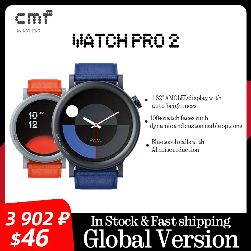 글로벌 버전 CMF by Nothing Watch Pro 2, AMOLED 블루투스 5.3, BT 통화, AI 소음 감소, GPS 스마트워치, CMF Watch P, 1.32 인치