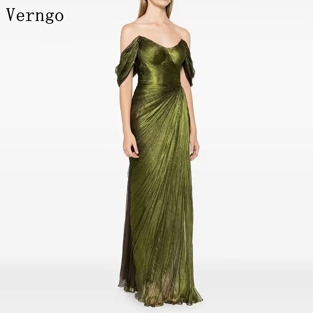 Verngo 녹색 얇은 명주 그물 반짝이는 이브닝 원피스 오프 숄더, A 라인 슬림 무도회 가운, 우아한 바닥 길이, 맞춤형 파티 원피스