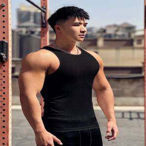 남성 조끼 탄력 스트라이프 라운드 넥 오버 사이즈 민소매 티셔츠 체육관 스포츠 피트니스 러닝 트레이닝 보디 빌딩 탱크 탑