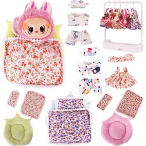 Labubu 17cm 봉제 인형 의류 액세서리 소녀의 장난감 생일 크리스마스 선물을위한 인형 침구 가구