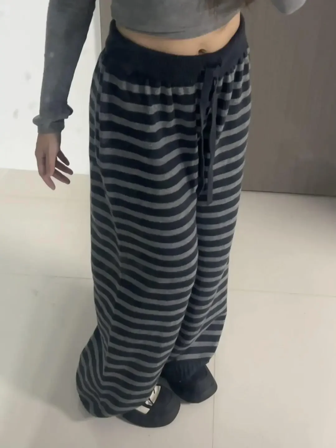 하라주쿠 대비 색 스트라이프 와이드 레그 바지 빈티지 그런지 루즈 니트 캐주얼 바지 Y2k 미적 여성 스트레이트 바지