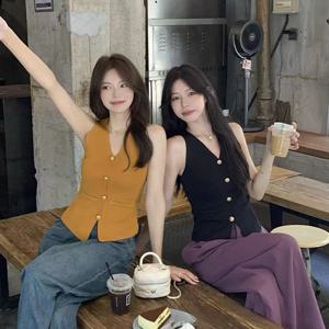 프랑스어 레트로 v 넥 민소매 언더 셔츠 솔리드 컬러 니트 조끼 다목적 패션 캐주얼 짧은 말 자켓 카디건 여성