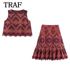 TRAF 중공 자수 롱 스커트 여성용 2 조각 복장 2025 새로운 패션 조끼 StyleTops 미디 스커트 세트 여성 정장