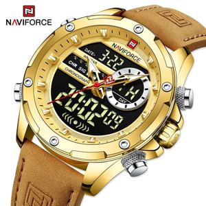 NAVIFORCE 남성용 럭셔리 오리지널 시계 캐주얼 스포츠 크로노 그래프 알람 쿼츠 손목 시계 가죽 방수 디지털 시계 9163
