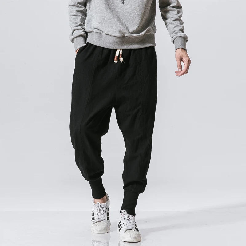 봄 캐주얼 오버 사이즈 하렘 바지 남성 streetwear 솔리드 ​​컬러 하라주쿠 헐렁한 바지 코튼 린넨 신축성있는 허리 조깅 남성용
