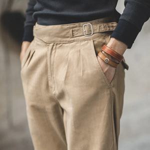 Maden 빈티지 조절 가능한 하이 웨스트 Gurkha 바지 남성 캐주얼 더블 플리츠 스트레이트 테이퍼 바지 Amekaji Cotton Trousers