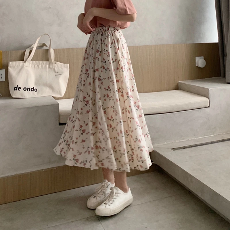 빈티지 꽃 프린트 a 라인 플리츠 롱 스커트 여름 여성 2024 한국 스커트 streetwear drawstring 탄성 허리 미디 스커트