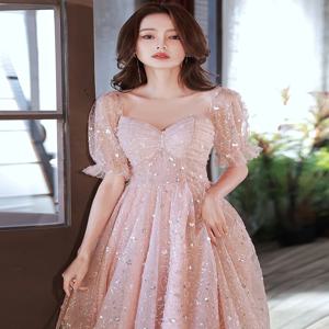 블링블링 핑크 여성 무도회 드레스, 반짝이 스팽글 얇은 명주 그물 A라인 생일 파티 드레스, 달콤한 연회 중간 길이 공주 가운