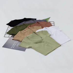 U 넥 자르기 탑 솔리드 컬러 여성 캐주얼 하이 웨스트 T 셔츠 기본 섹시한 streetwear 반소매 슬리밍