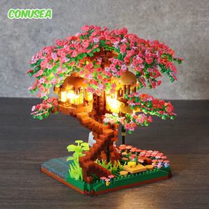 미니 사쿠라 나무 빌딩 블록 세트 라이트 트리 하우스 모델 장식품으로 Diy 벚꽃 벽돌 여자 친구를위한 낭만적 인 선물