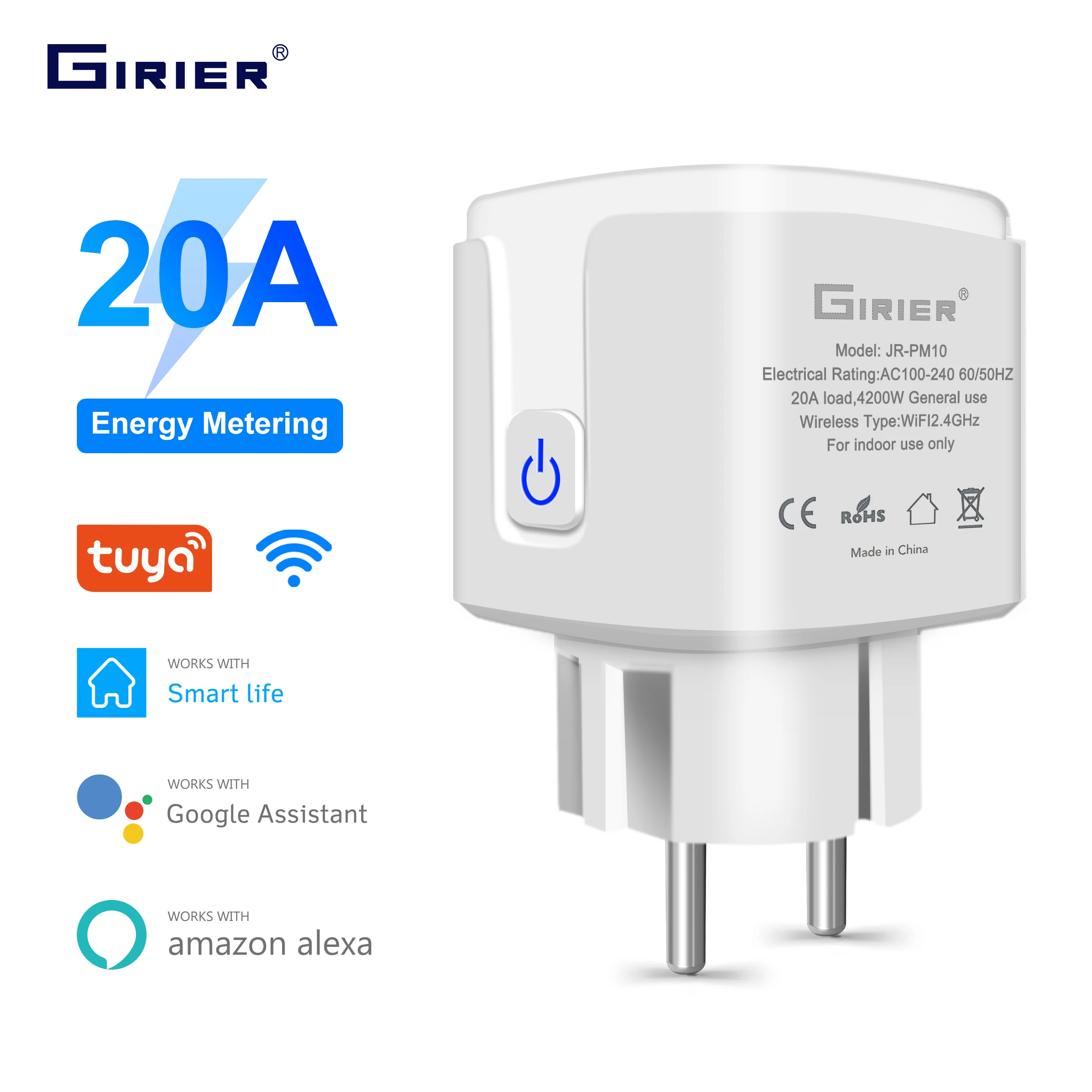 GIRIER Tuya 스마트 Wifi 플러그 20A 원격 제어 스마트 소켓 콘센트 EU 전원 모니터 타이머 기능은 Alexa Google 홈과 함께 작동합니다.