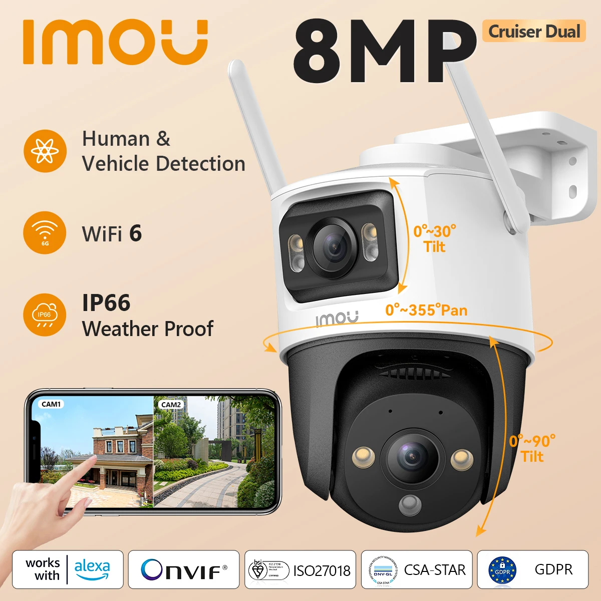 IMOU 크루저 듀얼 렌즈 야외 PT 카메라, 홈 보안 IP 카메라, AI 인간 및 차량 감지 감시 카메라, 듀얼 8MP
