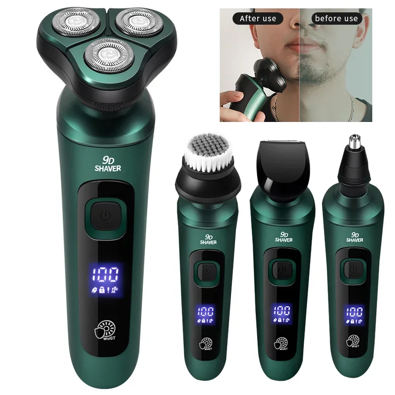 새로운 스마트 전기 면도기 LCD 디지털 디스플레이 3 헤드 플로팅 면도기 USB 충전식 세척 다기능 수염 칼