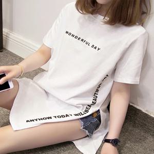 WONDERFUL DAY 프린트 롱 티셔츠 여름 여성 루즈 슬릿 Femme 탑 Tshirt 반소매 여성용 티셔츠