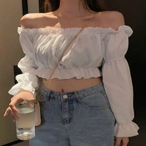 여성 탑 섹시한 블라우스 오프 숄더 탑 긴 소매 솔리드 컬러 화이트 셔츠 퍼프 슬리브 프릴 튜닉 크롭 탑 여름 튜브 탑