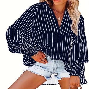 플러스 사이즈 1XL-5XL 여성용 버튼 긴팔 셔츠 v 넥 스트라이프 탑 캐주얼 패션 통기성 셔츠