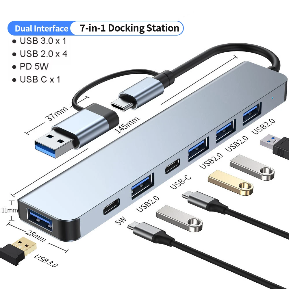 USB C 허브 USB 허브 3.0, 알루미늄 7 in 1 USB 확장기, USB 3.0이 포함된 USB 분배기, 4 X USB 2.0 및 2 USB C 포트 USB 분배기
