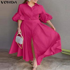 플러스 사이즈 5XL VONDA 2024 우아한 파티 맥시 드레스 패션 여성 랜턴 슬리브 버튼 빅 스윙 Sundress 캐주얼 솔리드 가운