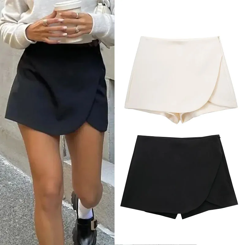 TRAF 2024 여성용 비대칭 Skort 핑크 블랙 미니 스커트 반바지 여성 패션 하이 웨이스트 짧은 스커트 여름 캐주얼 반바지