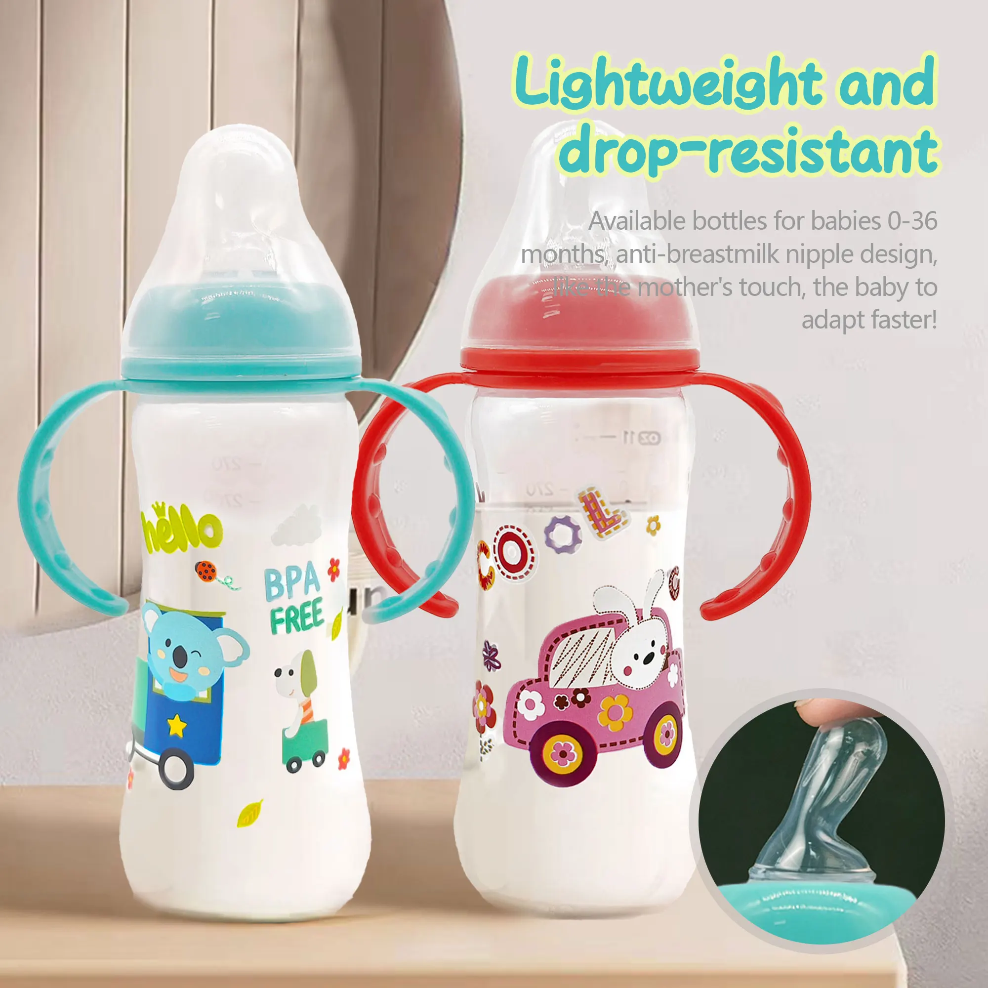 만화 손잡이와 모유 실리콘 젖꼭지가 있는 가볍고 낙하 방지 250ml 젖병, 0-36명의 아기를 위한 PP 젖병