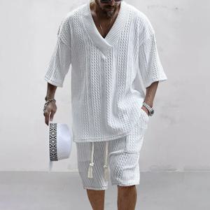 남성 반바지 세트 여름 캐주얼 니트 두 조각 남성 의류 v 넥 반팔 티셔츠와 반바지 streetwear 니트 의상