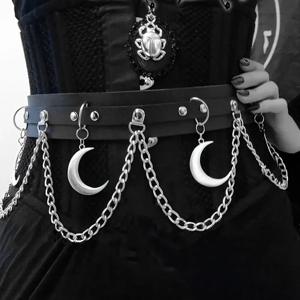 문 펜던트 체인 프린지 고스 벨트 펑크 블랙 PU 가죽 벨트 여성을위한 빈티지 허리띠 여자