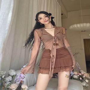 여성용 긴 플레어 슬리브 블라우스 레이스 업 메쉬 섹시한 스위트 핫 걸스 한국 패션 스타일 올 매치 솔리드 디자인 우아한 캐주얼