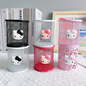 Sanrio 시리즈 귀여운 헬로 키티 패션 펜 홀더 데스크탑 장식 애니메이션 팬 소녀 크리 에이 티브 라운드 펜 홀더