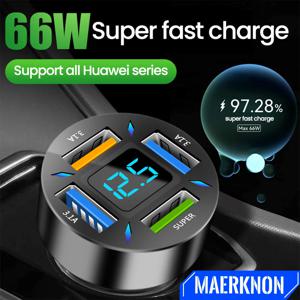 66W 4 포트 USB A + USB C 차량용 충전기 iPhone Xiaomi Samsung 용 디지털 디스플레이가있는 빠른 전화 충전 담배 라이터 어댑터