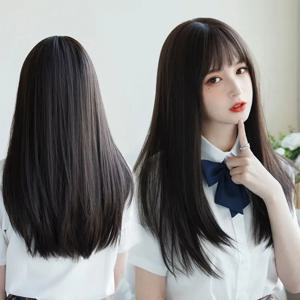 한국 헤어 익스텐션 합성 귀여운 JK 소녀 코스프레 에어 뱅스 가발 통기성 헤드 커버 50cm 여성용 롱 스트레이트 가발 모자