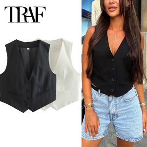 TRAF 여성 조끼 블랙 화이트 자른 조끼 탑 여성 브이 넥 민소매 조끼 여성 패션 작업 여름 정장 조끼 짧은 코트