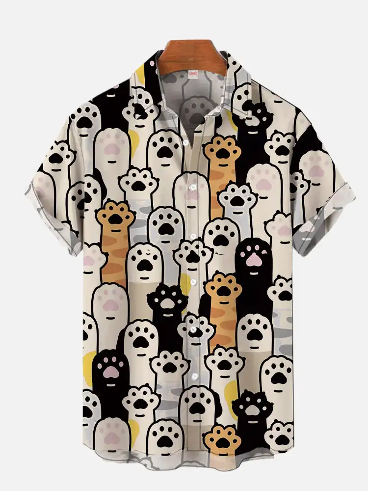 남성용 귀여운 고양이 프린트 캐주얼 셔츠 데일리웨어 3D 프린팅 클래식 반소매 패션 하와이안 셔츠 여성용 Hrajuku