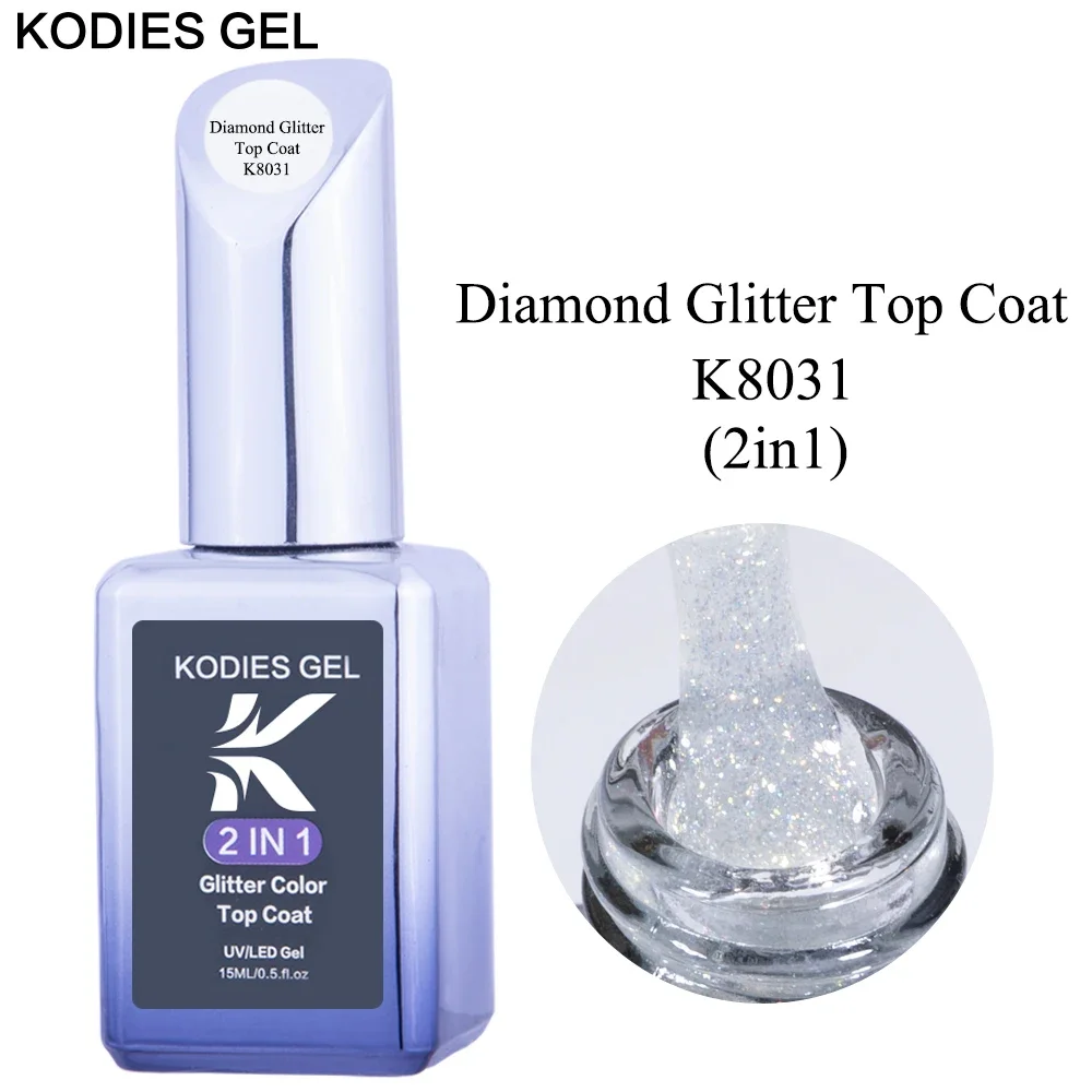 KODIES 젤 다이아몬드 탑 코트 네일 바니시 15ML 슈퍼 샤인 UV 젤 매니큐어 반영구적 글리터 탑 코트 닦아내지 않음
