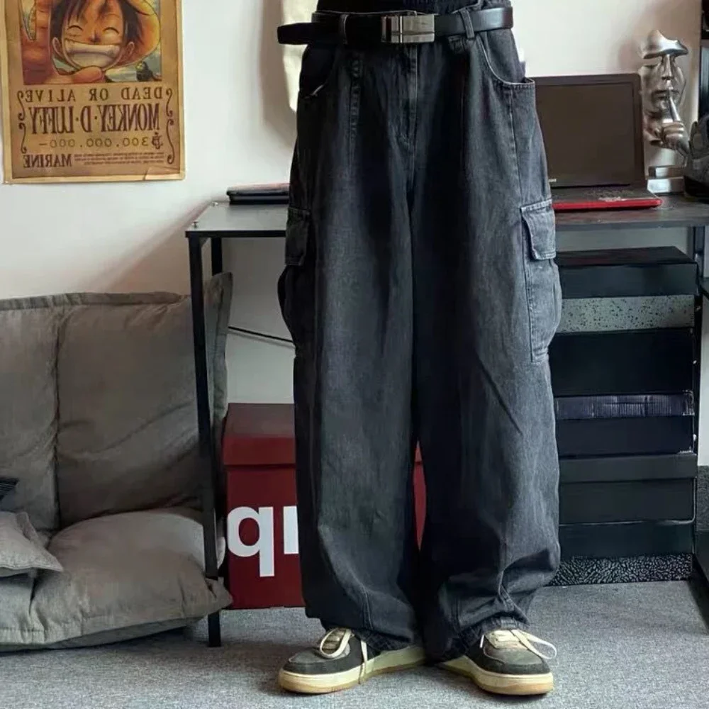 헐렁한 청바지 남성 특대 카고 한국 블랙 와이드 바지 streetwear 힙합 하라주쿠 남성 패션 스트레이트 데님 바지