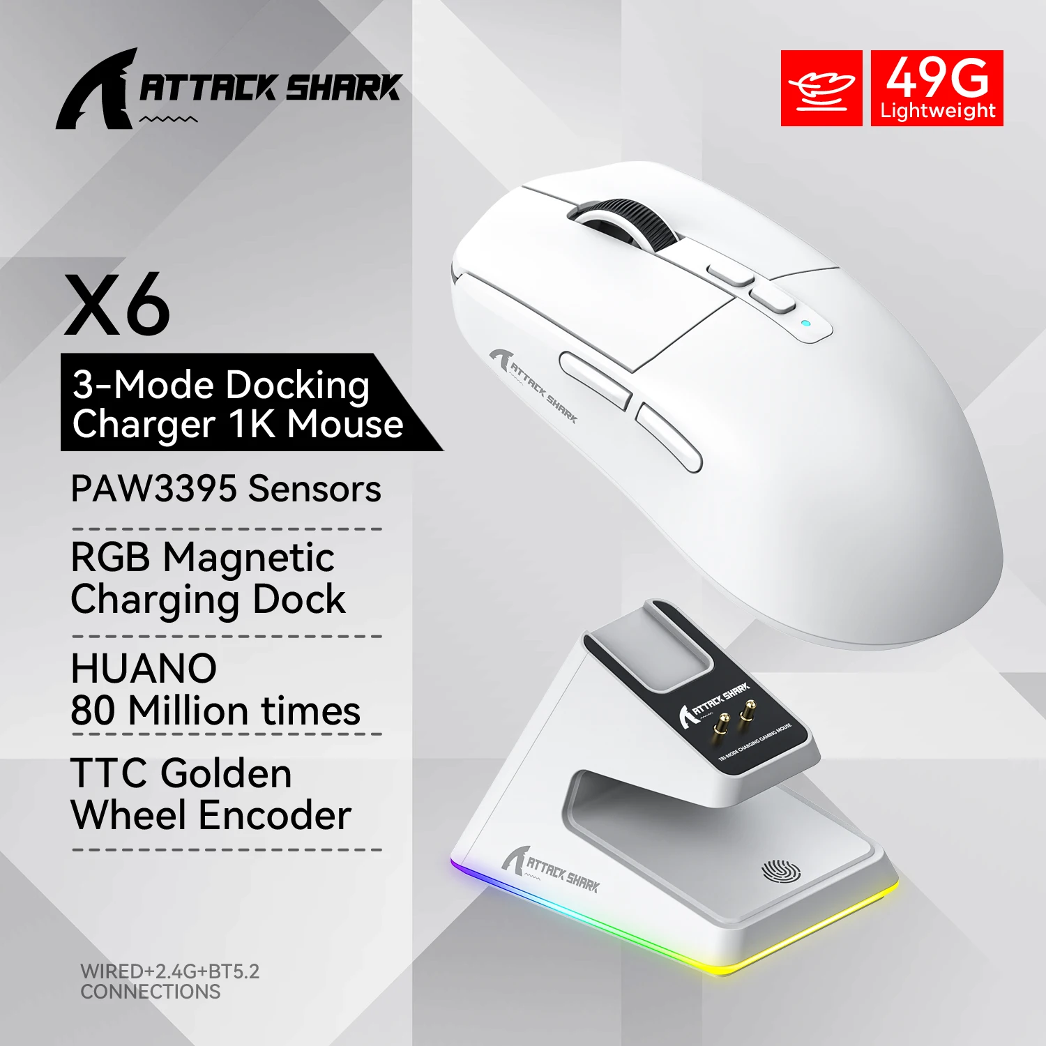 ATTACK SHARK X6 마우스, PAW3395 Bluetooth 삼중 모드 연결, RGB 터치 자기 충전 베이스, 매크로 게임용 마우스