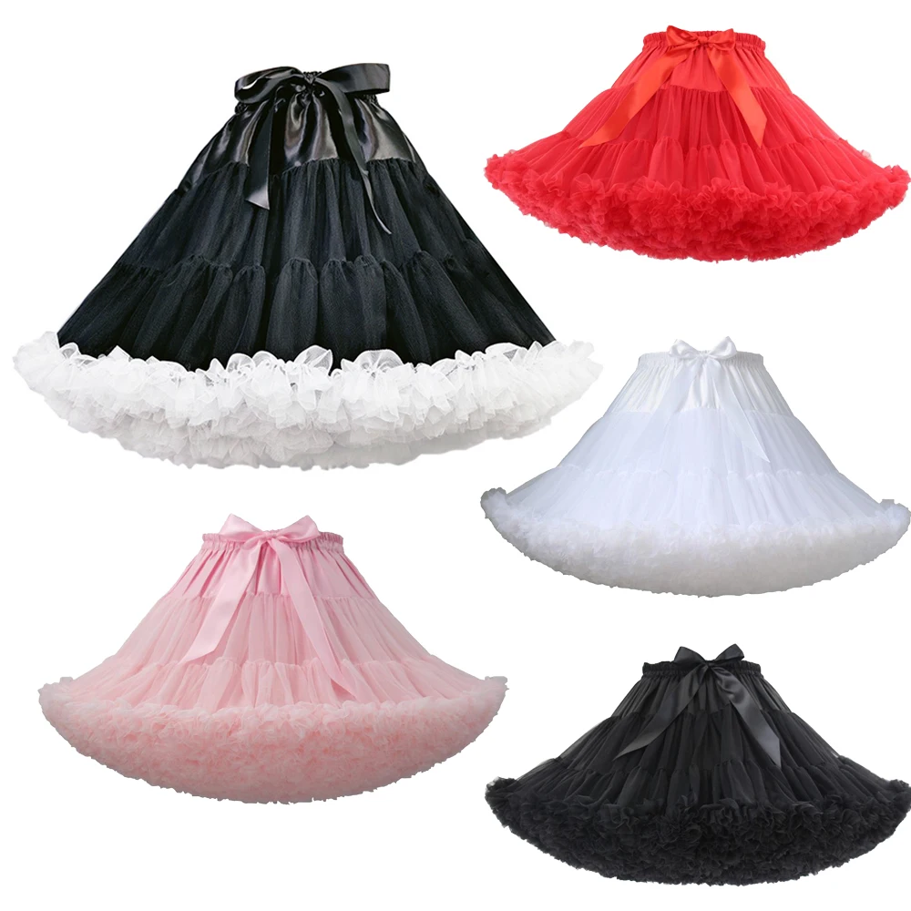 Womens 3-Layered Pleated Tulle 페티코트 화이트 블랙 핑크 RedTutu 푹신한 파티 코스프레 스커트