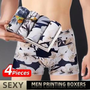 4 조각 남자 인쇄 복서 반바지 팬티 속옷 XXL 3XL 4XL 4 색 혼합 부드러운 통기성 패션 스포츠 캐주얼