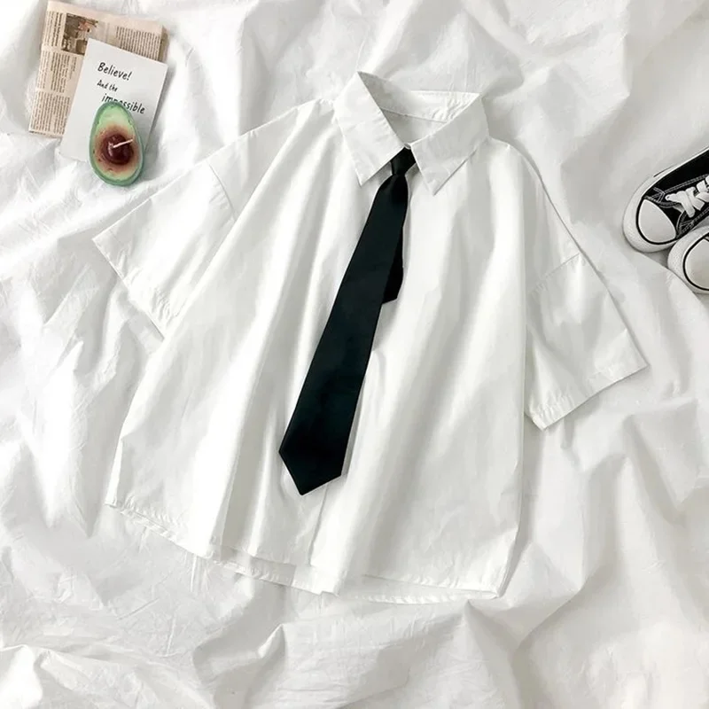 흰색 셔츠 여성 Blusas 넥타이와 짧은 소매 옷깃 블라우스 일본 패션 학생 여름 일일 대학 스타일 탑