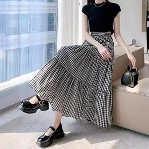 블랙 화이트 격자 무늬 스커트 여성 여름 a 라인 하프 스커트 슬림 기질 패션 폴드 학생 드레스 여성 의류