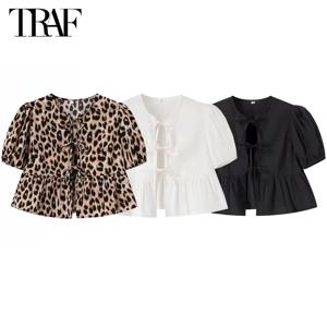 TRAF Leopard Print 자르기 탑 여성 퍼프 슬리브 프릴 블라우스 여성 2024 여름 셔츠와 여성용 블라우스 Ruched Ladies Tops